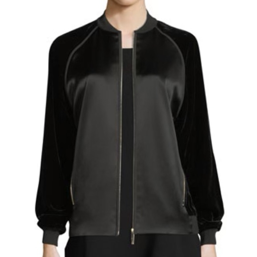 Lafayette 148 New York Brea Velvet-Trimmed Satin Bomber Jacket - Picture 2 of 5